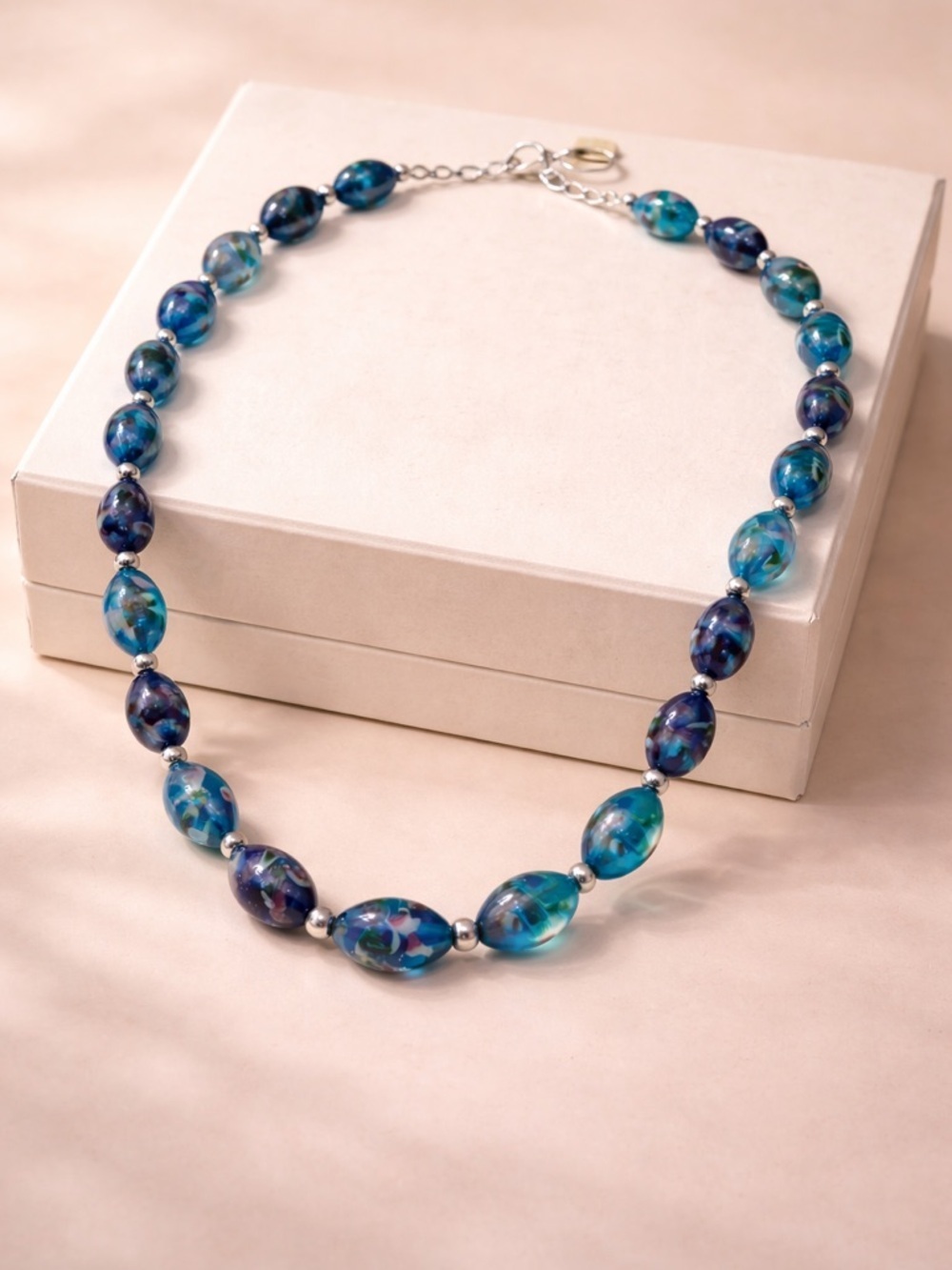 Blue Murano Glass Beaded Necklace Sterling Silver Statement